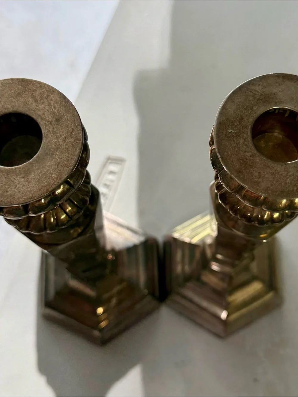 Vintage Pottery Barn Silver Plated Hexagonal Candlestick Holders, 9.5”